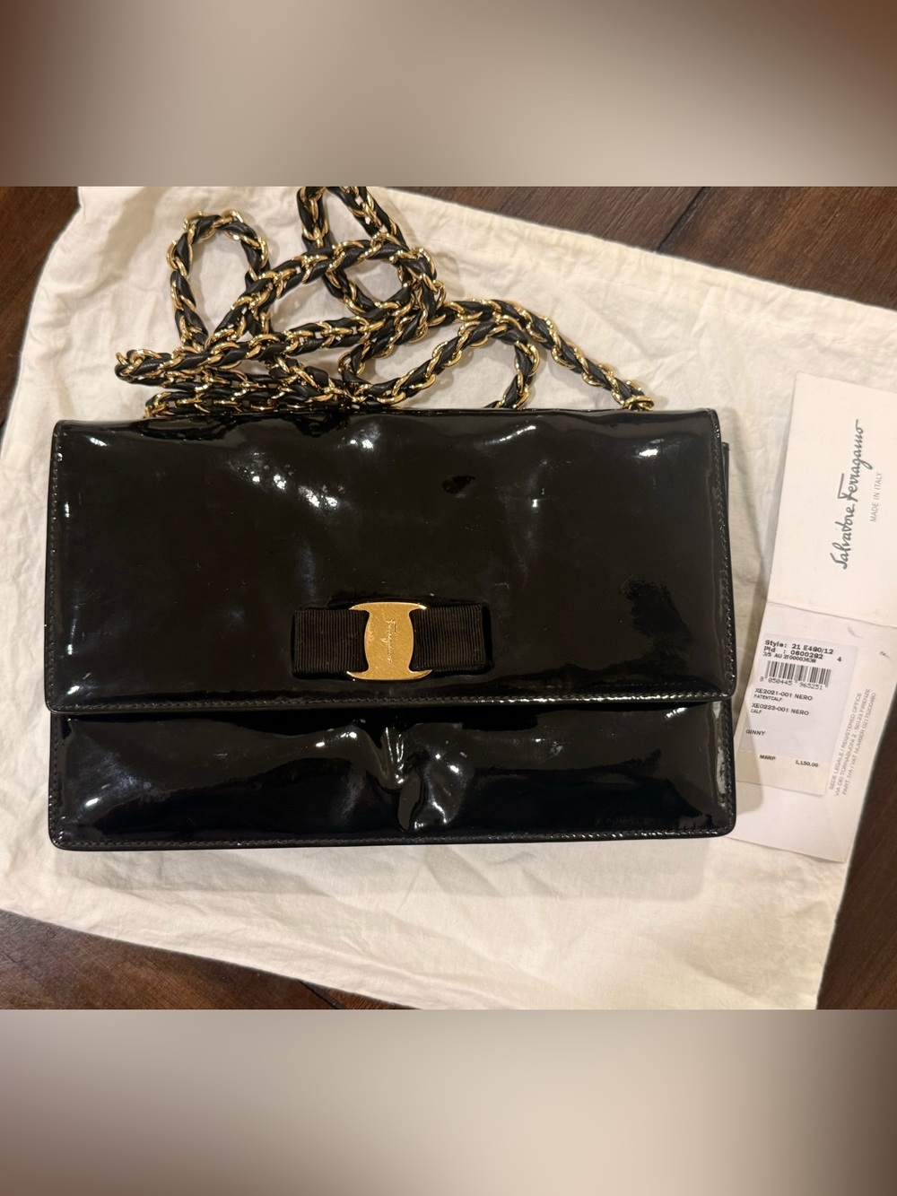 Salvatore Ferragamo Black Patent Vara Bow Chain Shoulder Bag - Picture 10 of 12